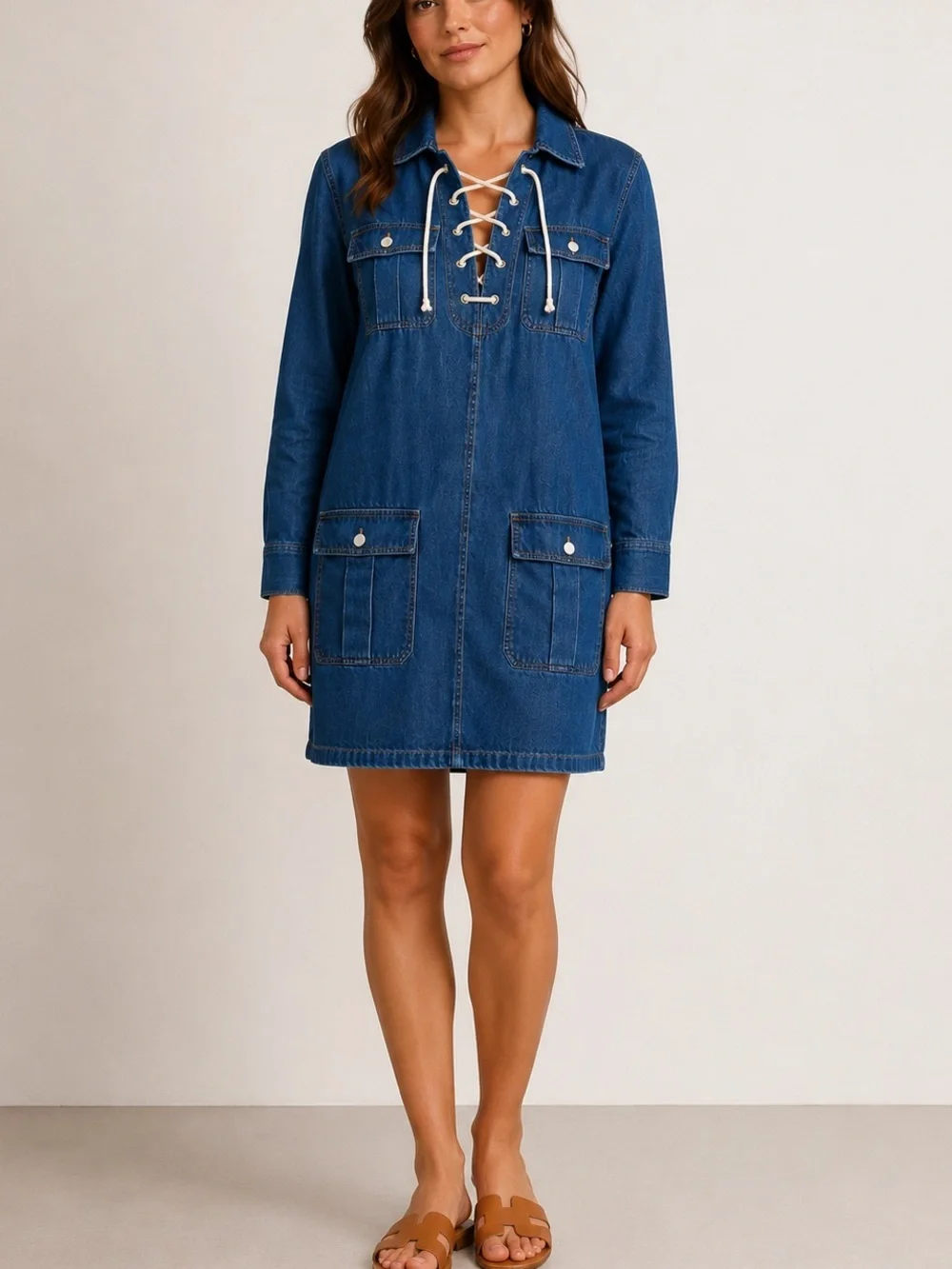 J.Crew Harbor Indigo Denim Lace-Up Front Casual Utility Pockets 90s Mini Dress